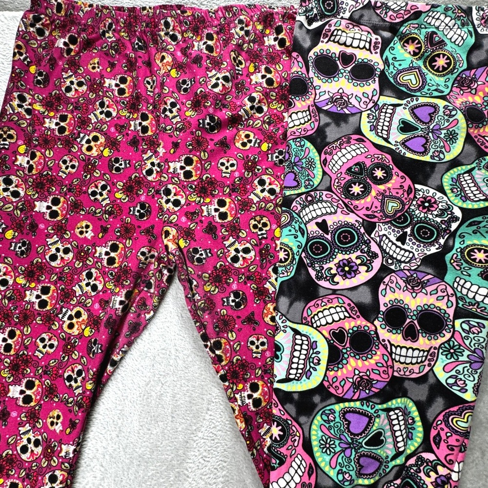 Sugar Skull Lot of 2 Leggings XL Womens Day of the Dead Pink Grey Calavera Print - Picture 5 of 6